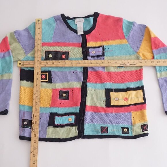 Koret Teal Pink Colorblock Cotton Blend Patchwork Button Up Cardigan Sweater M - Picture 4 of 12